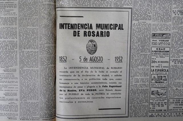100 años de Rosario, 5 de agosto de 1952. Solicitada del gobierno municipal pide levantamiento de actos y festejos por el velorio de Eva Duarte de Perón. 
