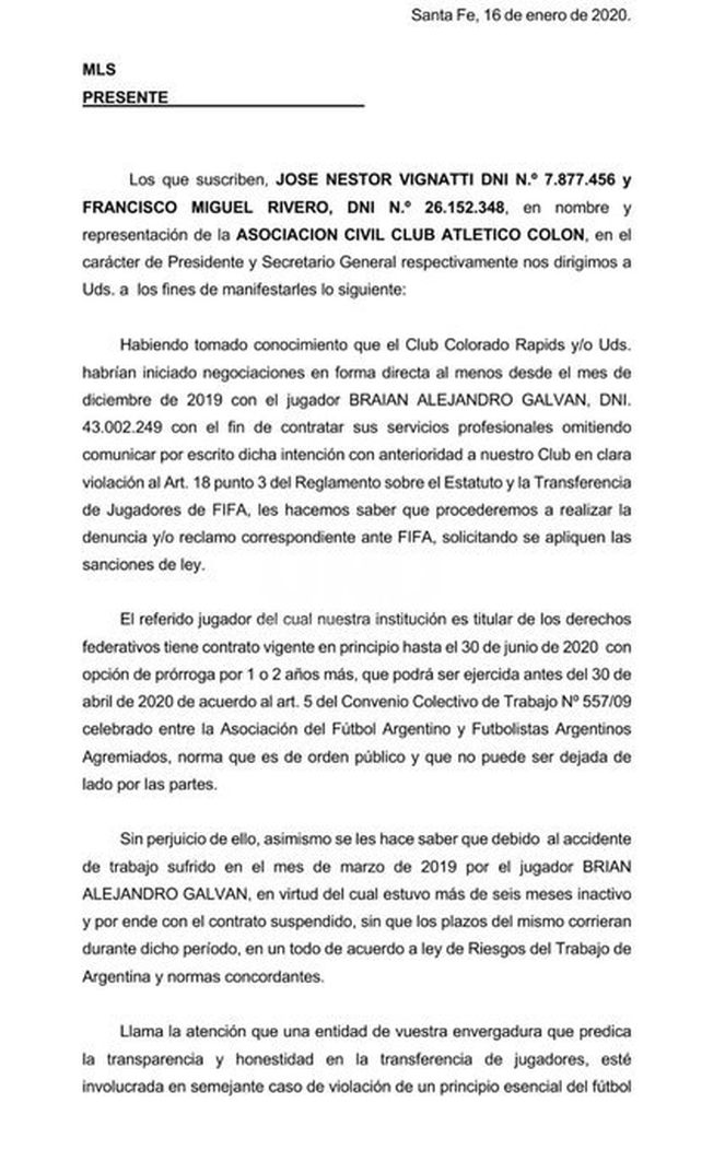 Colón no se quedó en el molde y arremete con llevar el caso Galván a la FIFA