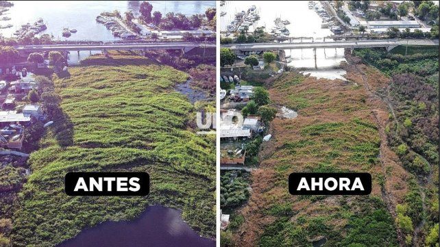 Embalsado en el Riacho Santa Fe. El antes y el después del inicio de los trabajos de remoción de la vegetación acuática el viernes 16 de febrero. 