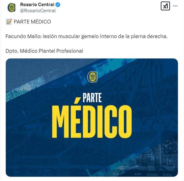 El parte médico en el que Central informó la lesión que sufrió el uruguayo Facundo Mallo.