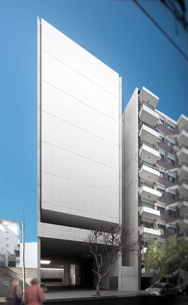 Fachada. El edificio proyectado consta de 6 niveles en la parte frontal.