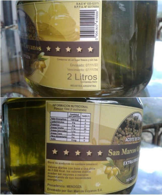 Botella de aceite de oliva de la marca “San Marcos Cuyanos”.