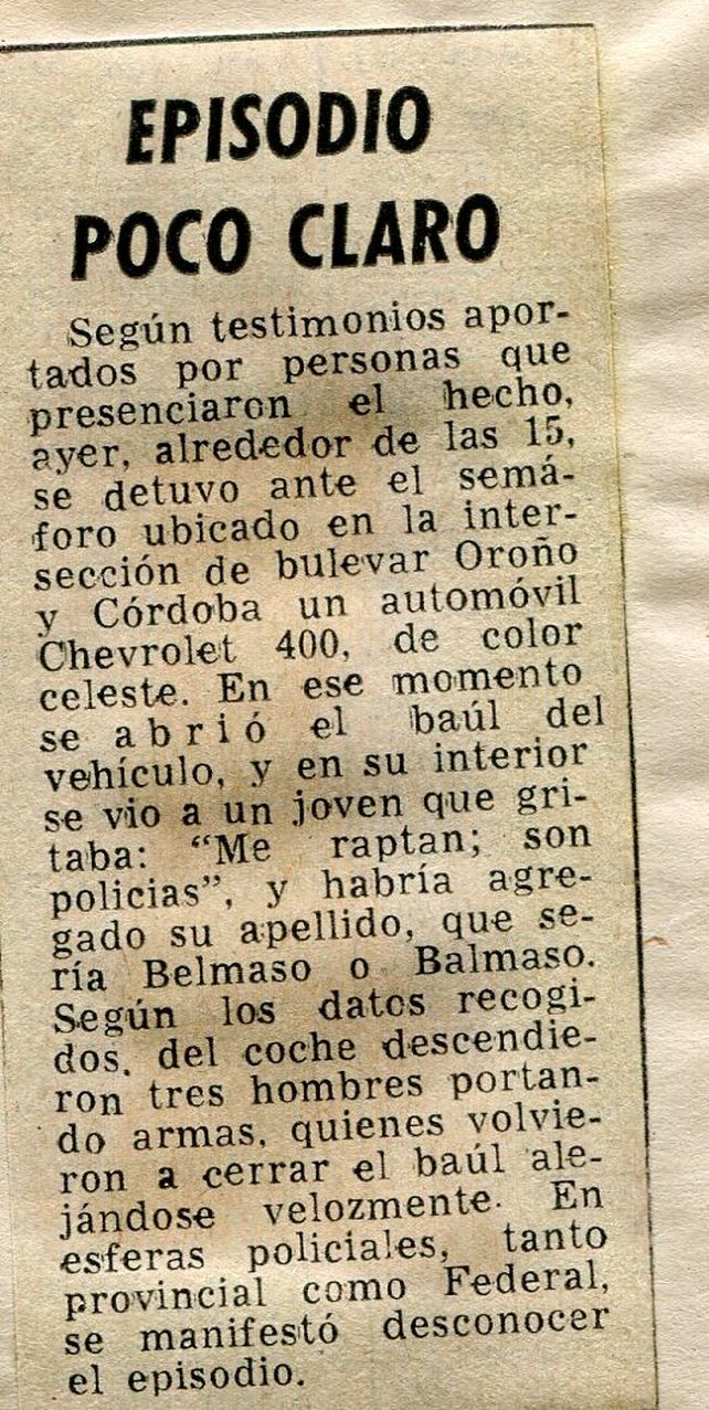 Brevísima nota publicada en La Capital el día siguiente del secuestro, 29 de noviembre de 1972, bajo el gobierno de facto de Alejandro Lanusse