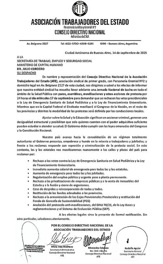 ATE va al paro en Salud en rechazo a los vetos de Javier Milei