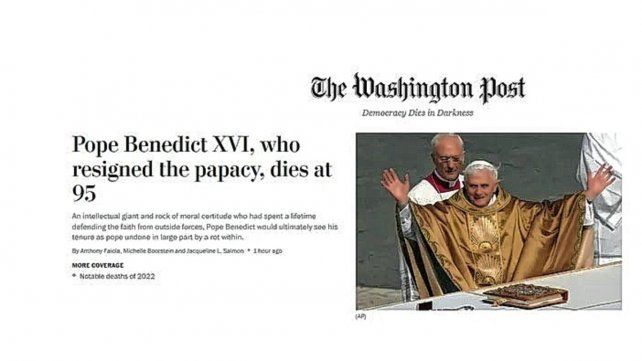 La muerte de Benedicto XVI fue tapa en todos los portales internacionales. Un gigante intelectual y una roca de certeza moral