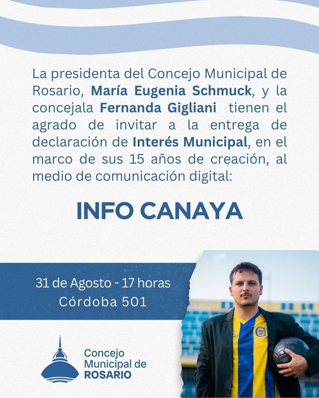 La invitación de la presidenta del Concejo, María Eugenia Schmuck, y la concejala Fernanda Gigliani para el reconocimiento a Info Canaya.