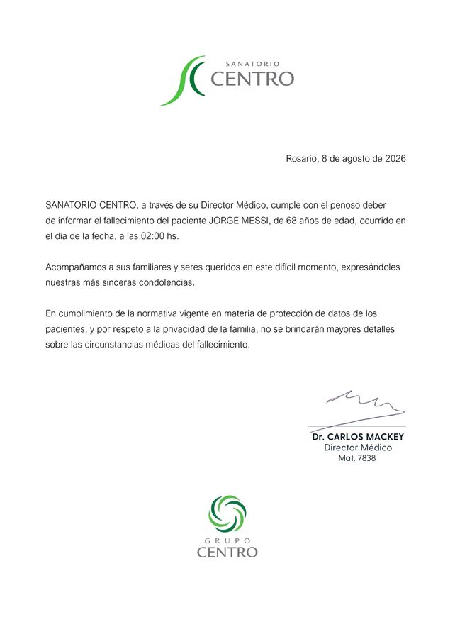 El Sanatorio Centro de Rosario confirmó la muerte de Jorge Messi.