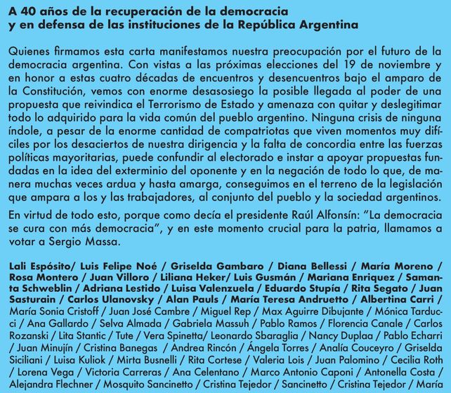 Actores y personalidades de la cultura llamaron a votar por Massa