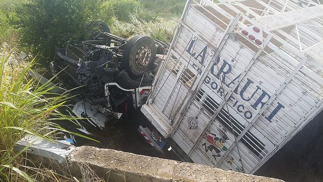 Murió un chofer al caer su camión en un aliviador de ruta 6