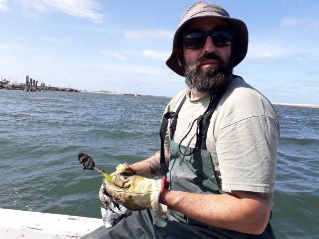 Un investigador toma muestras desde una embarcación frente a un sector de la costa atlántica argentina.