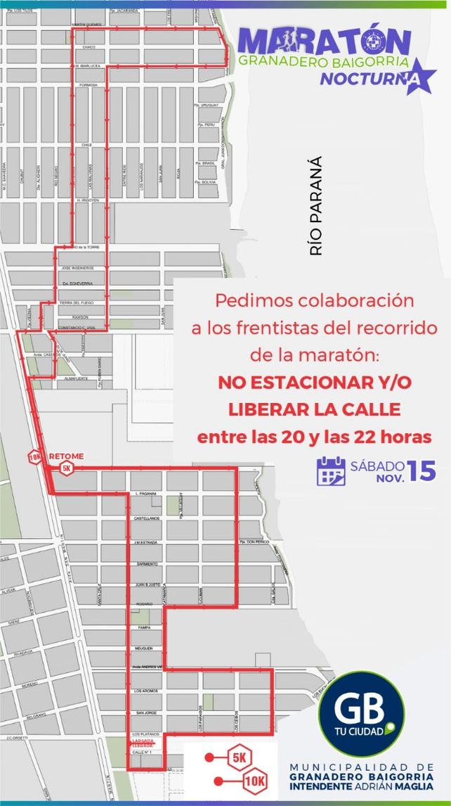 Se solicita encarecidamente la colaboración de todos los vecinos que residen sobre las calles que forman parte del circuito de la Maratón para que entre las 20 y las 22 no estacionen sobre la calzada y liberen el área.