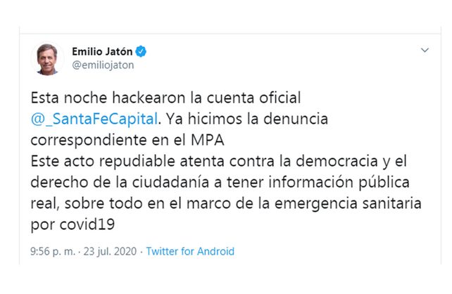 El mensaje del intendente dando a conocer lo ocurrido.