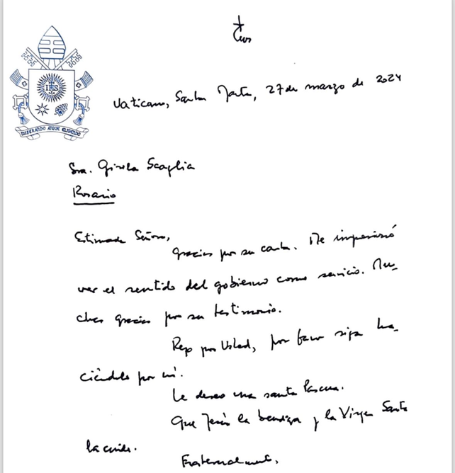 La carta de puño y letra que Francisco le envió&nbsp; a la vicegobernadora Scaglia.&nbsp;