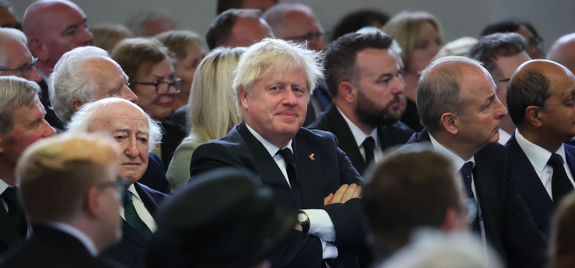 El primer ministro Boris Johnson en el funeral del ex primer ministro de Irlanda del Norte y líder de la UUP David Trimble, quien murió la semana pasada a los 77 años, en la Iglesia Presbiteriana de Harmony Hill, Lisburn, Irlanda del Norte, el lunes 1 de agosto de 2022.
