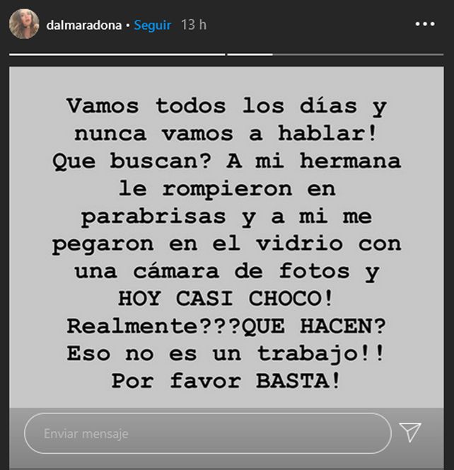 Dalma Maradona, furiosa con los periodistas que hacen guardia en la clínica donde está internado Diego