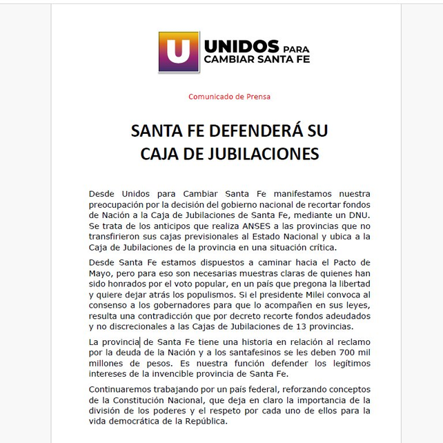El comunicado de Unidos para Cambiar Santa Fe tras el DNU de Milei. 