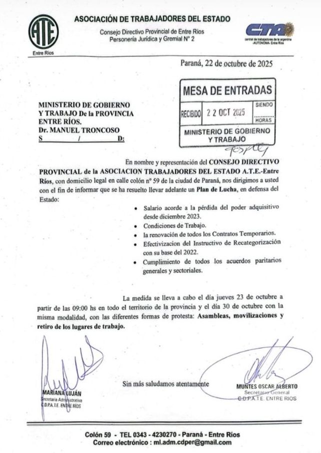 Las medidas de ATE inician el jueves 23 a partir de las 9