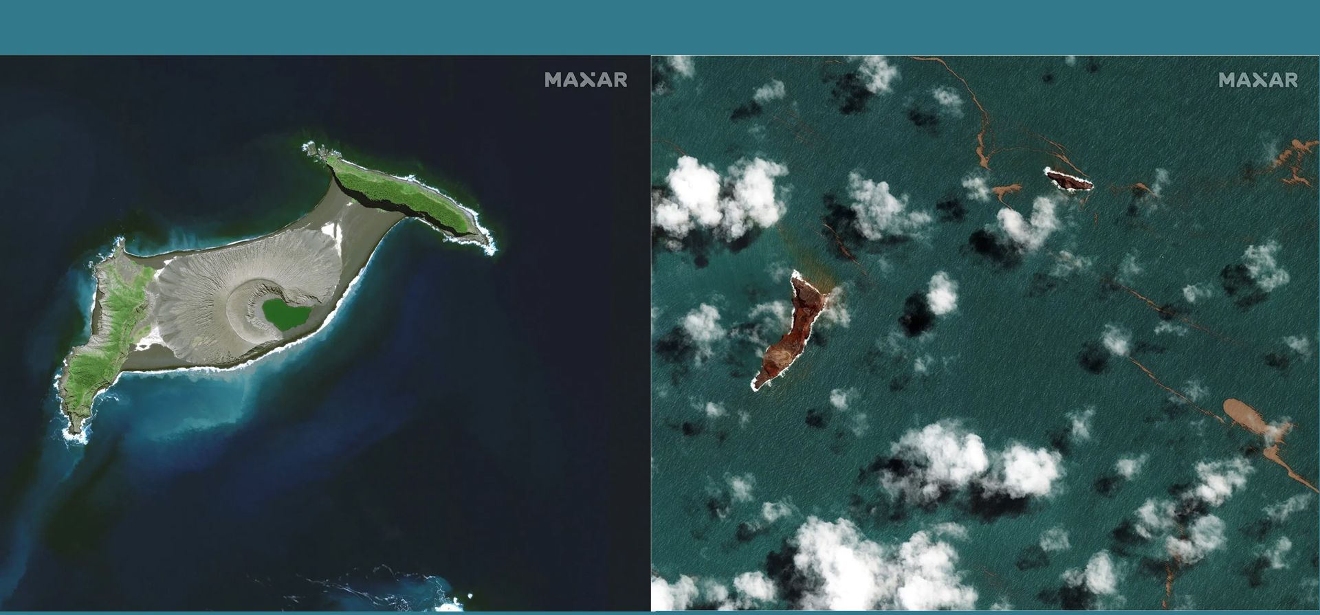 Una combinación de imágenes de satélite muestra el volcán Hunga Tonga-Hunga Ha