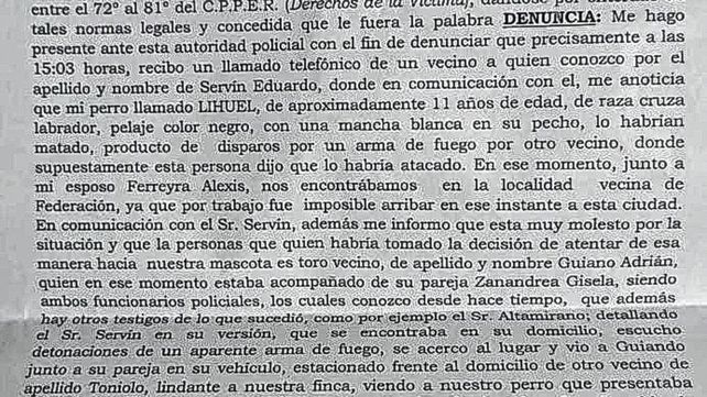 Afirmaron que el policía fue a la casa del perro Lihuel y lo mató a tiros