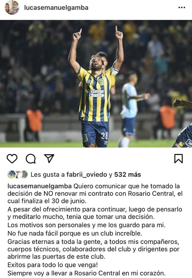 Gamba hizo oficial su salida de Central a través de una publicación en Instagram.