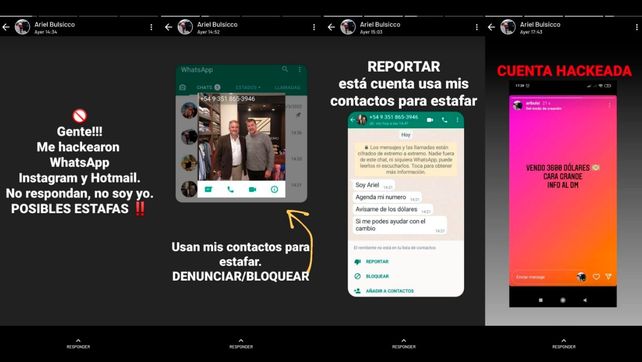 Estas son las capturas de los mensajes de lso estafadores y la advertencia de Ariel Bulsico a sus contactos.
