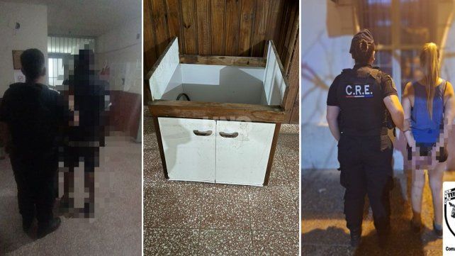 Los detenidos junto a uno de los elementos recuperados de una de las escuelas robadas 