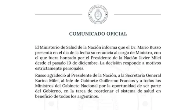 Renunció el ministro de Salud, Mario Russo: en su lugar asumirá Mario Lugones