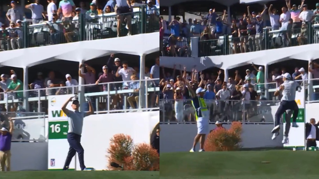El golfista Emiliano Grillo festejó efusivamente su hoyo en uno.