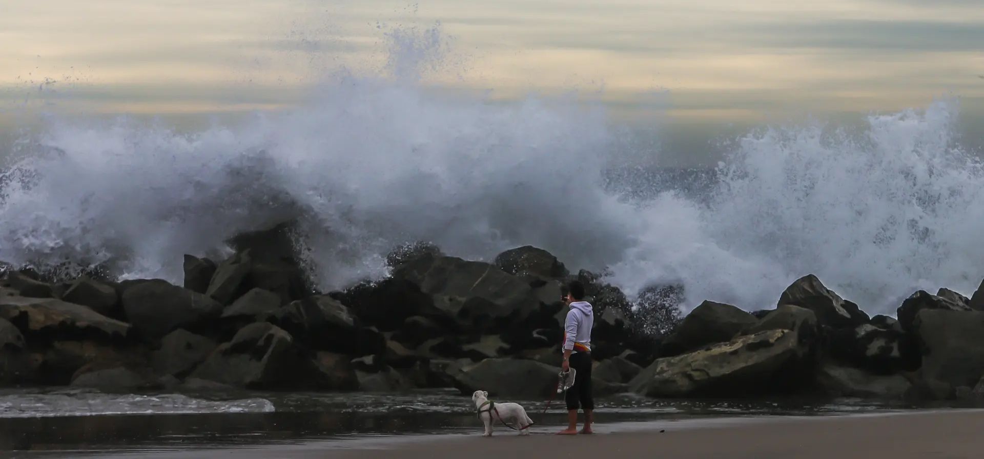 Un hombre fotografía las grandes olas en el rompeolas de Venice Beach en Los Ángeles, California. Fotografía: Apu Gomes/Getty Images Facebook Gorjeo
