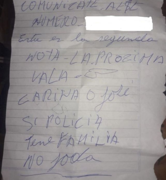 Nota intimidatoria a los comerciantes del 7 de Septiembre