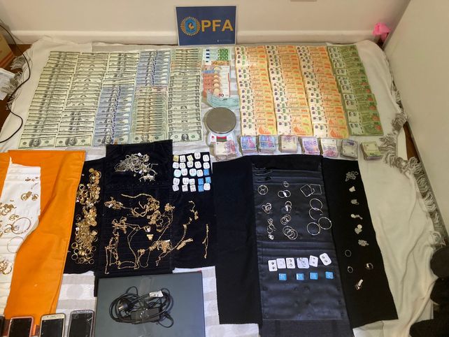 Dinero en efectivo en pesos, euros y dólares. También piezas de oro secuestradas en los allanamientos.
