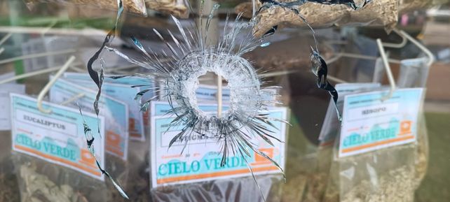 La farmacia propiedad del presidente comunal de Alvear que fue baleada este martes a la madrugada. 