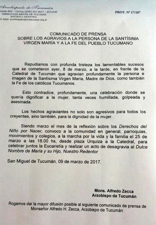 Tucumán: la Iglesia repudió una parodia a la Virgen durante la marcha de mujeres
