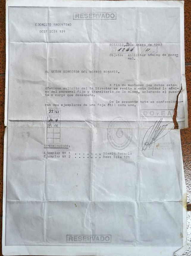 Copia de un telegrama enviado en el 83 a las autoridades del diario Rosario pidiendo la nómina del personal de la empresa.