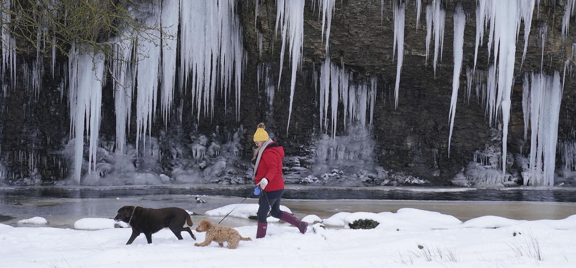 Una mujer pasea a sus perros entre carámbanos cerca de Bowes en Durham, Inglaterra, el viernes 10 de enero de 2024. (Owen Humphreys/PA vía AP) Una mujer pasea a sus perros entre carámbanos cerca de Bowes en Durham, Inglaterra, el viernes 10 de enero de 2024. (Owen Humphreys/PA vía AP)