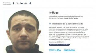 Programa de recompensa de Nación sobre Matías Pignata, prófugo de 2019.