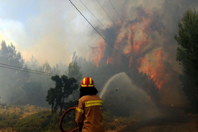 Grecia. Los bomberos luchan contra las llamas en el bosque de Kalamos.