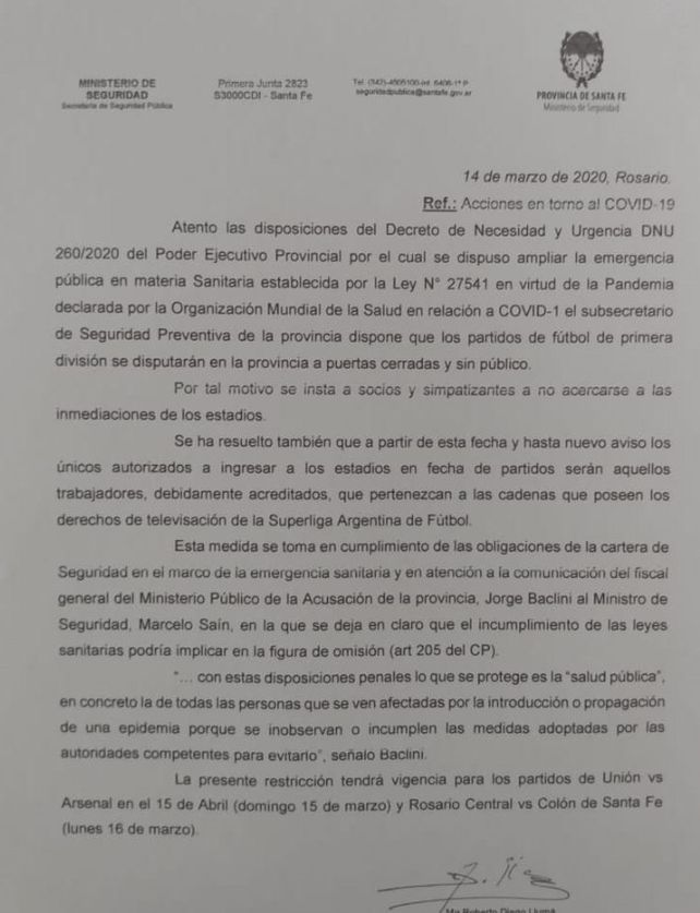 La resoluci&oacute;n del Gobierno de Santa Fe.