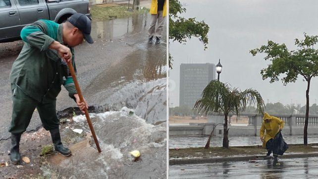 Trabajos de las cuadrillas municipales durante las copiosas lluvias de este domingo en la ciudad de Santa Fe