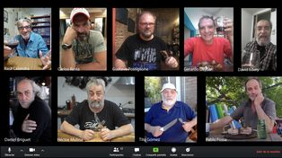 El asadito por Zoom. Calandra, Resta, Postiglione, Dayub, Edery, Briguet, Molina, Gómez y Fossa, en un festejo virtual para celebrar los 20 años del filme.