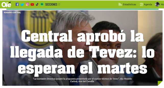 La noticia del arribo de Tevez a Central recorrió el mundo