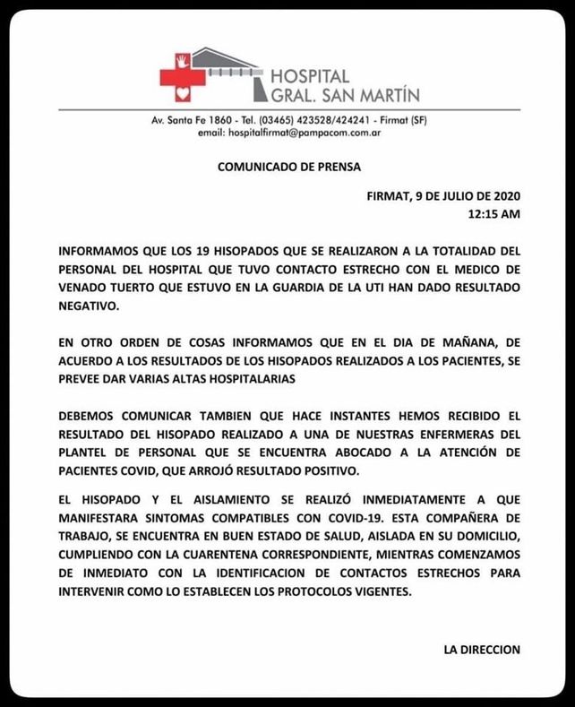 Una enfermera de Melincué contrajo coronavirus en el hospital de Firmat