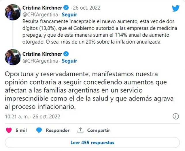 Cristina cuestionó con dureza el aumento en cuotas de medicina prepaga: Es inaceptable