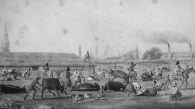 “Matadero en 1829” en Buenos Aires según una acuarela publicada en el trabajo La industria de la carne como paisaje de Nadia Jacob.