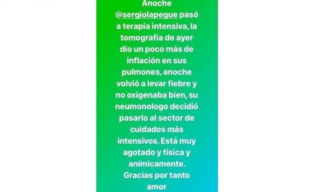 Sergio Lapegüe fue internado en terapia intensiva tras agravarse su cuadro respiratorio