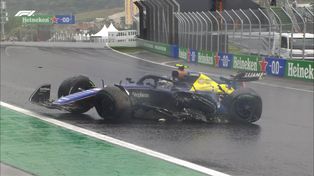 Así quedó el Williams de Colapinto tras un trompo con safety car, cuando la tormenta arreciaba. Primer abandono del argentino en la Fórmula 1.