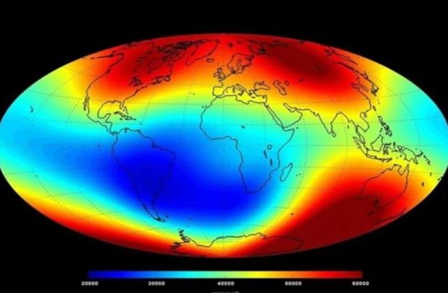 La zona azul oscura representa la inusual anomalía detectada por la Nasa.