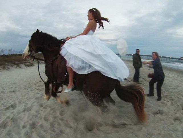 Video: una sesión de fotos de casamiento terminó mal cuando a la novia se le retobó el caballo