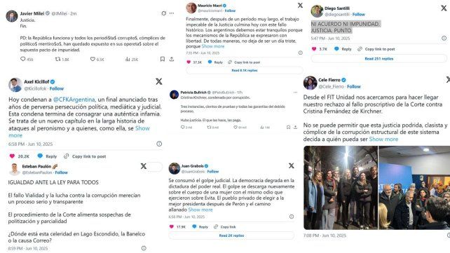 Las redes sociales se llenaron de mensajes a favor y en contra del fallo de la Corte Suprema que ratifica la condena a Cristina Fernández
