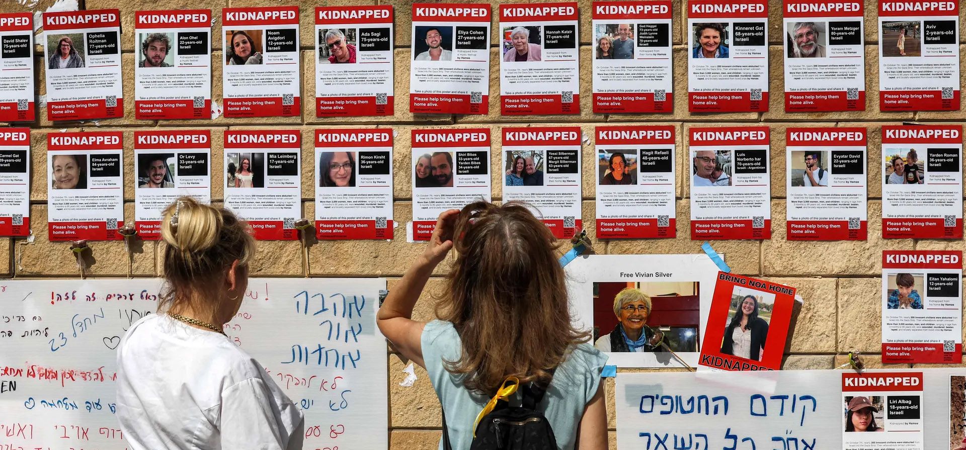 Tel Aviv, Israel. La gente observa carteles que muestran los rostros de los israelíes que fueron tomados como rehenes por Hamas. Fotografía: Ahmad Gharabli/AFP/Getty Images Tel Aviv, Israel. La gente observa carteles que muestran los rostros de los israelíes que fueron tomados como rehenes por Hamas. Fotografía: Ahmad Gharabli/AFP/Getty Images